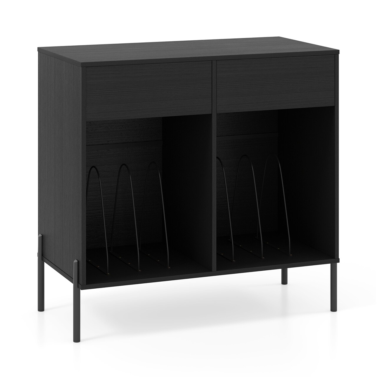 Record Player Cabinet with Open Shelves, Drawers, and Outlets